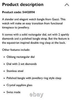 Montre-bracelet Gucci en argent avec 2 diamants et verre en cristal? Prix de détail recommandé de £535? Garantie.